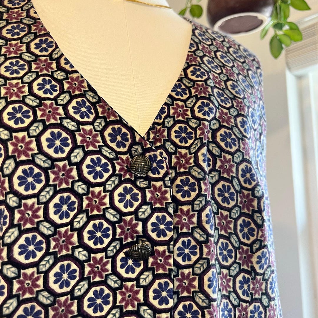 Folk Button Handmade 90s Floral Folk Print Button Front Vest Top Size Medium to ...