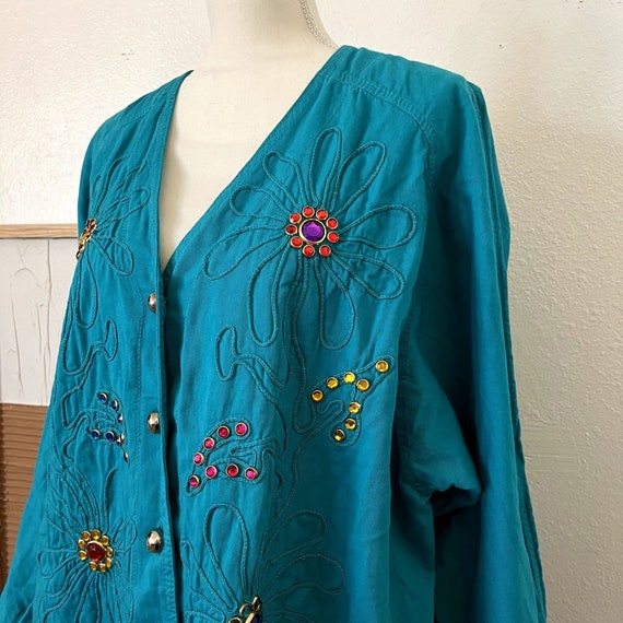 Vintage 80s Teal Cotton Oversized Embellished Flo… - image 8