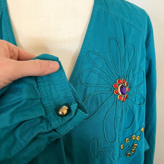 Vintage 80s Teal Cotton Oversized Embellished Flo… - image 4