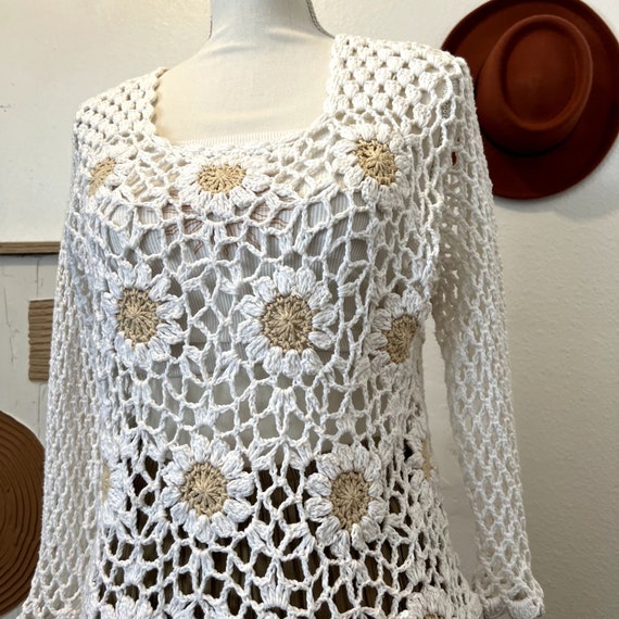Rico Hand Knits 90s White Neutral Floral Crochet … - image 7