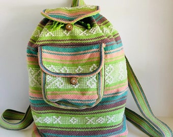 Green Boho Hippie Woven Fabric Drawstring Medium Made in Mexico Backpack