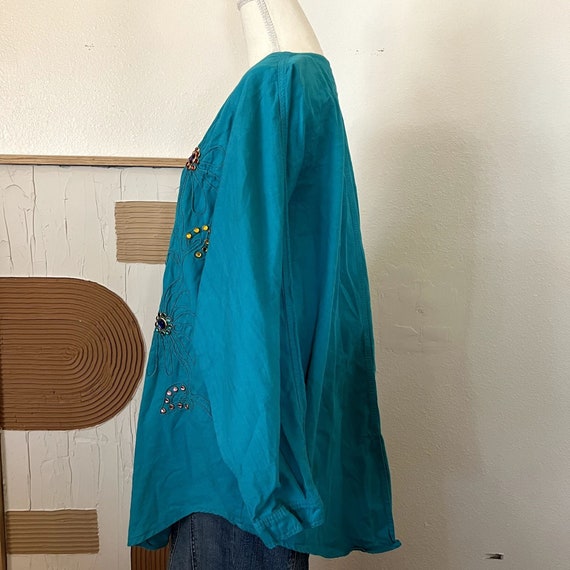 Vintage 80s Teal Cotton Oversized Embellished Flo… - image 7