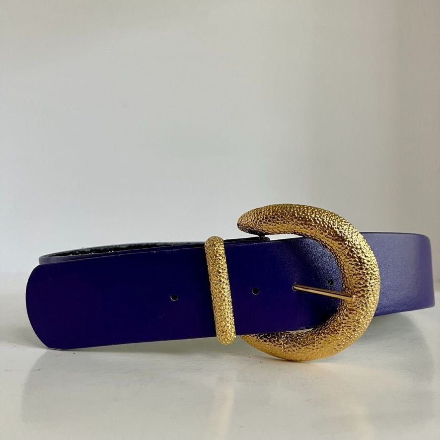 St. John Collection Vintage Purple & Gold 80s Chunky Wide Band Leather Belt 