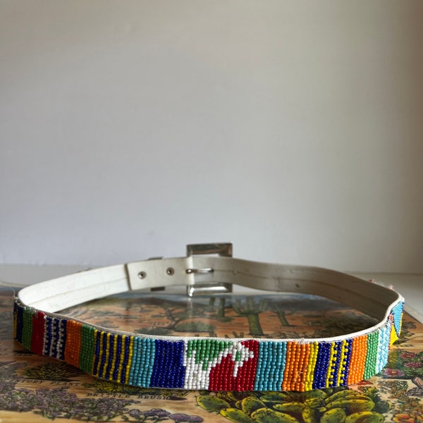 Vintage White Leather Hand Beaded Belt from Guatemala with Silver Buckle