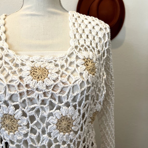 Rico Hand Knits 90s White Neutral Floral Crochet … - image 8