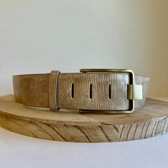 Tan Beige Textured Vegan Leather Wide Golden Buckle Belt  display picture 2