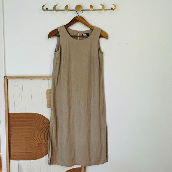 Vintage 90s Beige Linen Sleeveless Midi Side Slit… - image 3