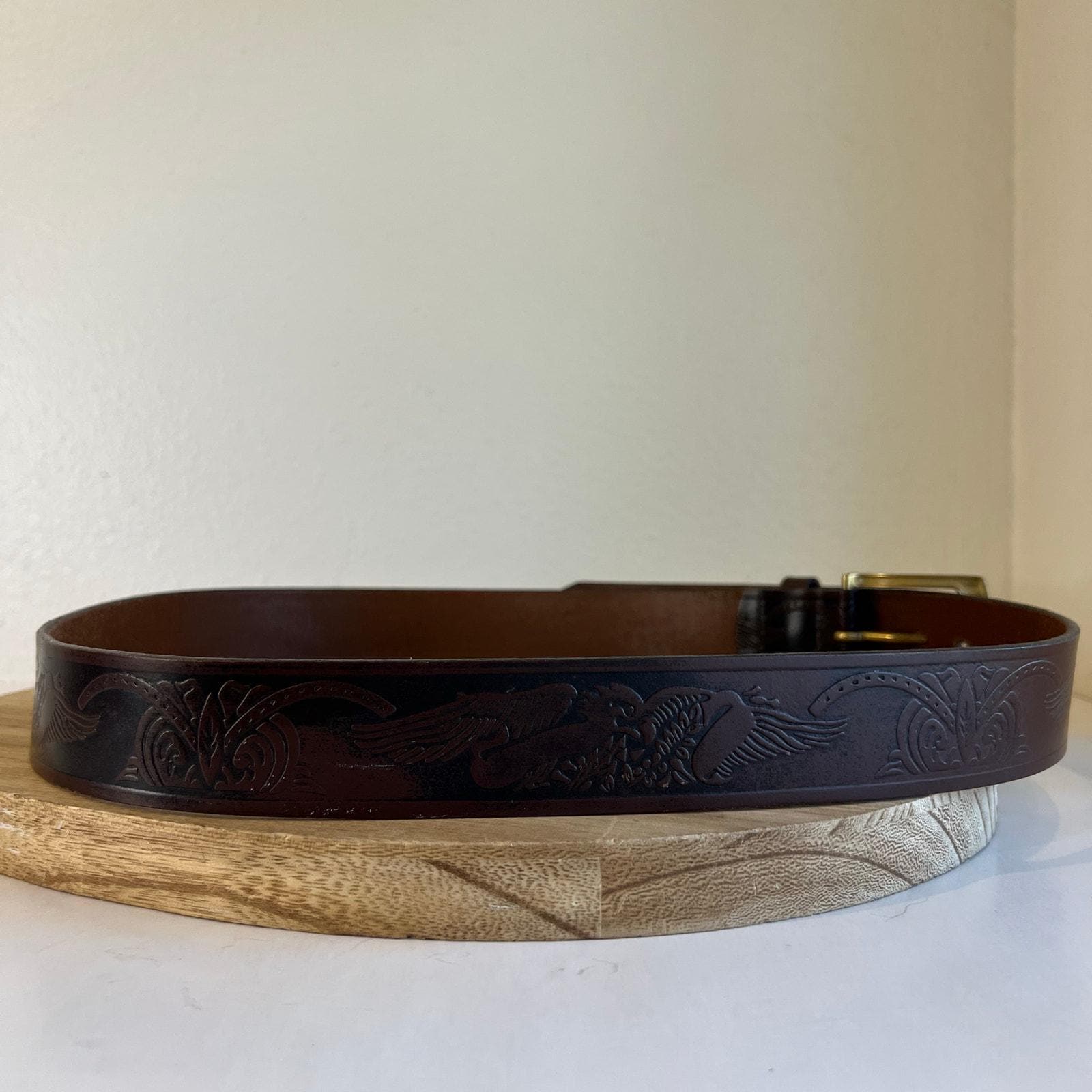 Wrangler Brown Genuine Leather Eagle Tooled Western Belt Unisex Size Large Wrangler Brown Genuine Leather Eagle Tooled Western Belt  main image 2