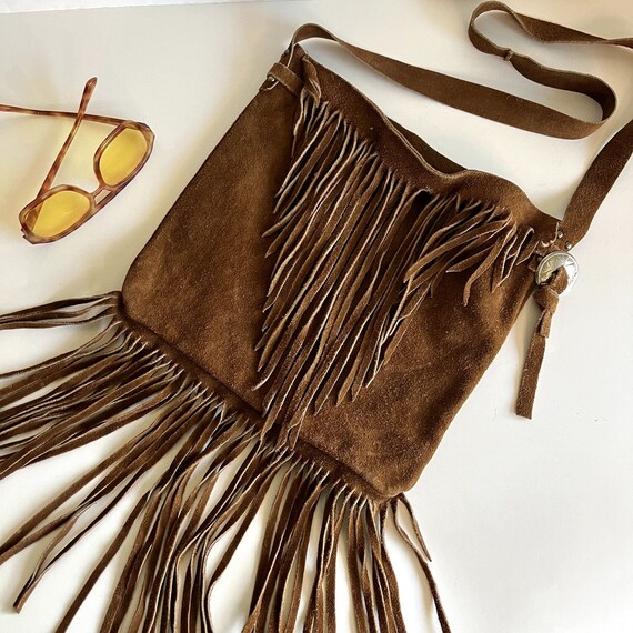 Vintage 70s Handmade Brown Genuine Suede Leather Fringe Concho  
