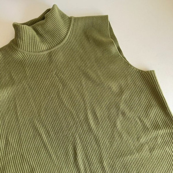 Jones New York 90s Green Merino Wool Ribbed Turtleneck Sleeveless Tank Top