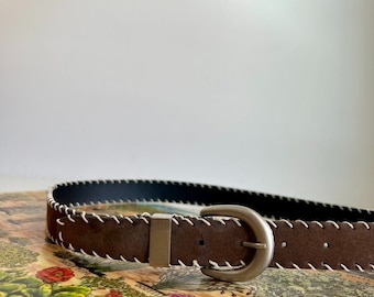 Vintage Brown Vegan Suede White Stitched Western Belt - L