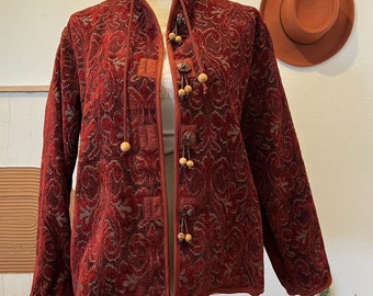 Vintage 90s Red Tapestry Print Wooden Button Indie Boho Jacket Coat