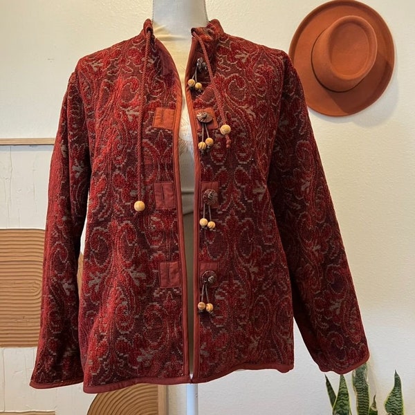 Vintage 90s Red Tapestry Print Wooden Button Indie Boho Jacket Coat