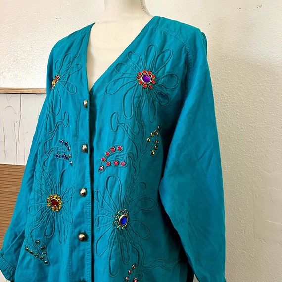 Vintage 80s Teal Cotton Oversized Embellished Flo… - image 1