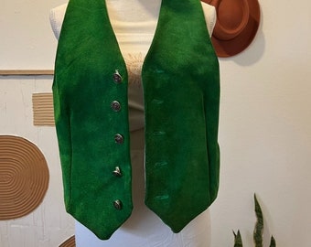 Vintage Handmade 70s Green Genuine Leather Button Front Vest