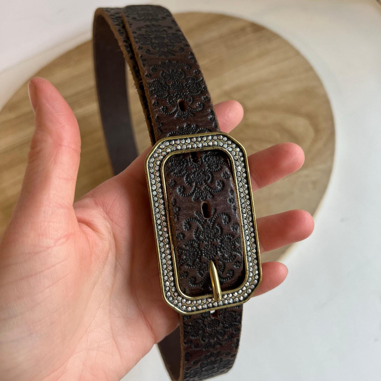 Brown Genuine Italian Leather Embossed USA Brass Sparkle Buckle Belt Size S/M Brown Genuine Italian Leather Embossed USA Brass Sparkle  main image 3