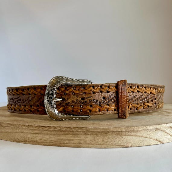 Vintage 90s Western Woven Genuine Leather Silver Buckle Belt  display picture 2