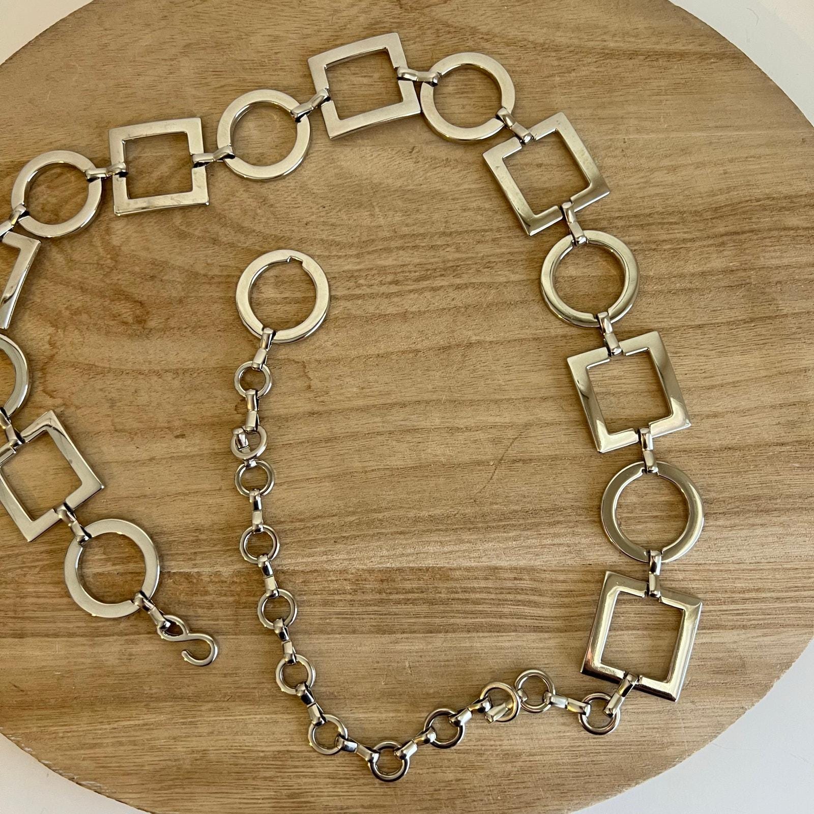 VINTAGE | Soft Nude Light Tan Color Enamel Silver Tone Metal Chain Links Belt Celestial Crescent Moon Chain Belt, Costume Jewelry, Boho  main image 3