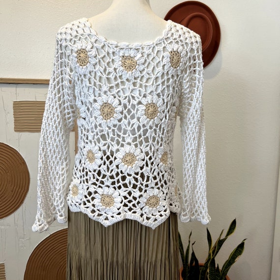 Rico Hand Knits 90s White Neutral Floral Crochet … - image 3