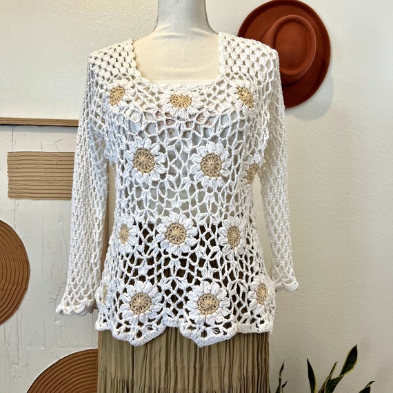 Rico Hand Knits 90s White Neutral Floral Crochet … - image 1