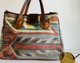 Vintage 90s Southwestern Woven Tapestry Genuine Leather Top Handle Tote Bag