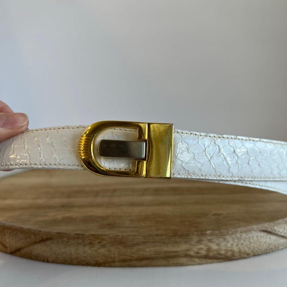 Vintage 90s White Genuine Snake Skin Leather Golden Buckle 