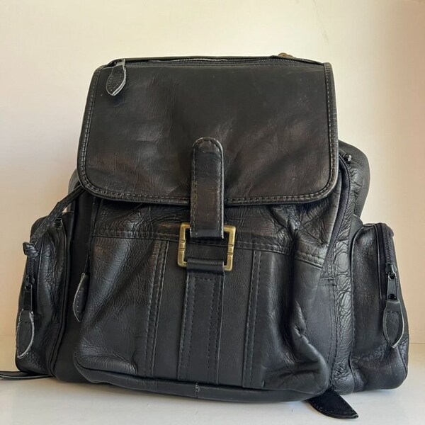 Vintage 90s Black Genuine Leather Chunky Cargo Medium Backpack