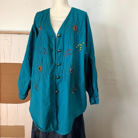 Vintage 80s Teal Cotton Oversized Embellished Flo… - image 2