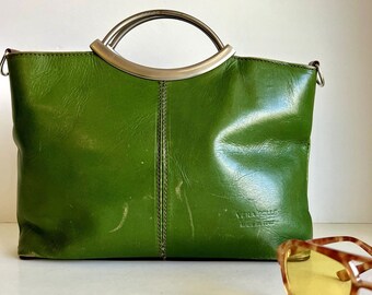 Vera Pelle Green Distressed Genuine Leather Silver Top Handle Tote Bag