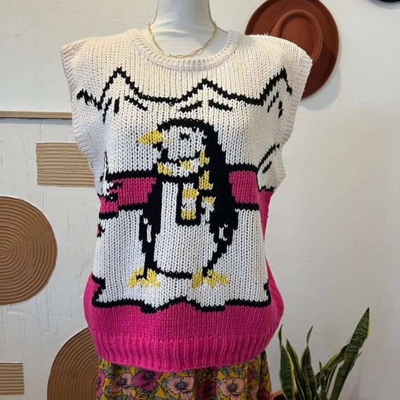 Vintage Penguin Pink Hand Knit Oversized Chunky S… - image 1