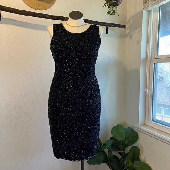 black sparkly knee length dress JMB Vintage Black Hand Beaded Sequin Sleeveless Knee Length Dress Size  Large