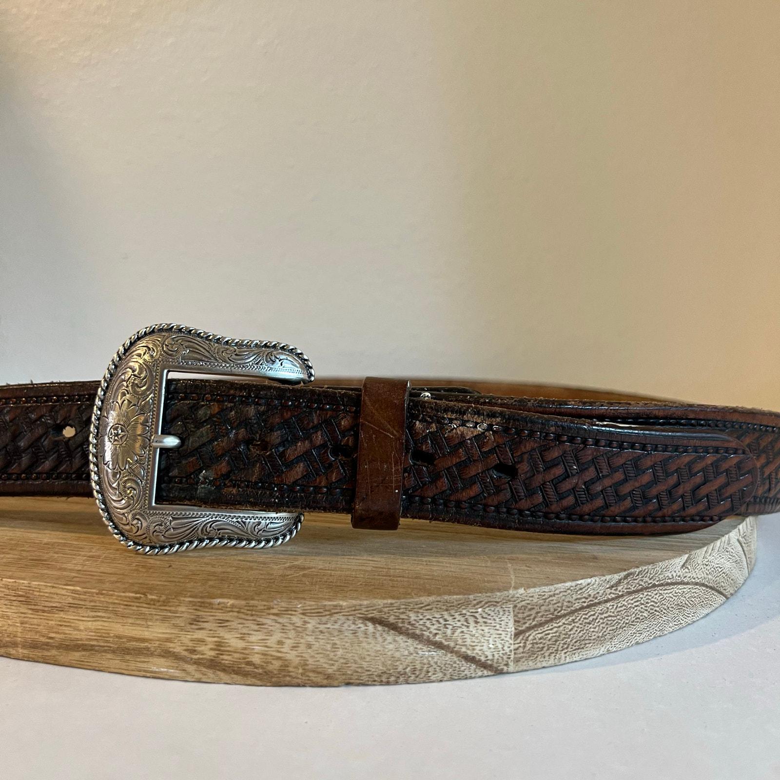 Intricate Brown Lwather Woven Belt with Engraved Silver Buckle Basketweave Brown Belt – King Ranch Saddle Shop main image 2