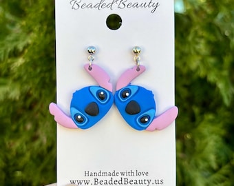 stitches clay earrings | earrings for disney lovers | Disneyland earrings | lil and stitches | stitches blue alien earrings inspired clay |