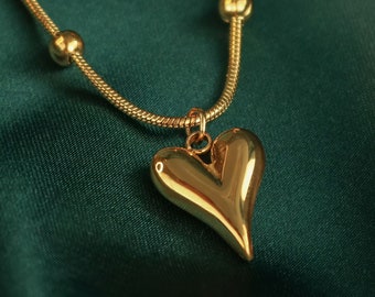 Gold Puffy Heart Necklace: 18k Gold Plated Stainless Steel, Romantic Gift