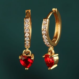 18k Yellow Gold Plated with Red Ruby Droplet Huggie Hoop Earrings - Small Gold Hoops - Colorful Cubic Zirconia High-Quality Fashion Jewelry