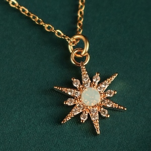 Celestial North Star Necklace, 18k Gold Pave Diamond Starburst Opal Necklace, In Loving Memory, Miscarriage Necklace, Memorial Gift