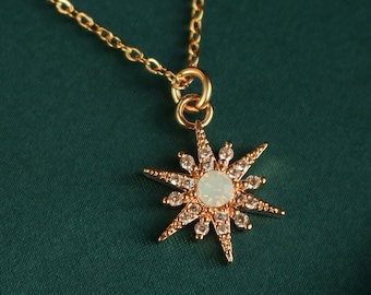 Gold Starburst Opal Necklace: Celestial Pave Diamond Pendant