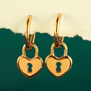 Gold Heart Padlock Hoop Earrings: 18k Plated Stainless Steel Huggies