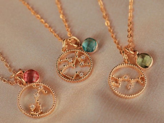 Zodiac Constellation Necklace: 18k Gold-Plated Cubic Zirconia Charm