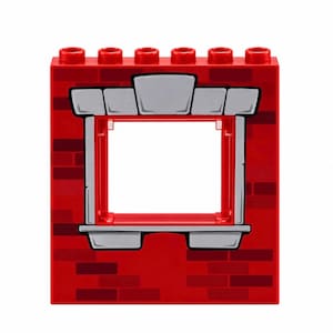 May include: A red plastic building block featuring a rectangular window frame with a grey stone-like border. The top of the block has six circular studs, and the surface is moulded with a brick pattern. The window opening is hollow and square.