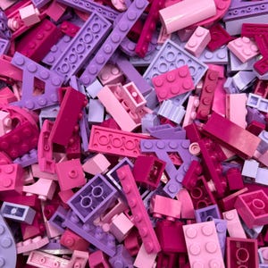May include: A large pile of pink and purple plastic building blocks. The blocks are in various shapes and sizes, and some have studs on top.