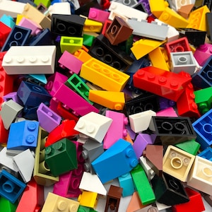 May include: A vibrant assortment of colorful plastic building blocks in various shapes and sizes. The blocks are in shades of red, yellow, blue, green, pink, white, and black. Some blocks have studs, while others have holes. A playful and creative toy.