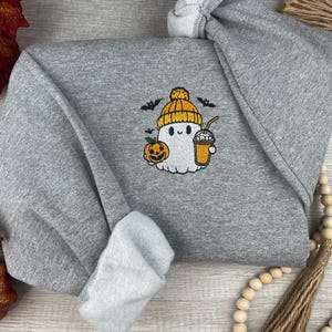 Embroidered Halloween Sweatshirt, Ghost With Coffee Halloween Sweater, Halloween Ghost Crewneck, Cute Ghost sweatshirt.