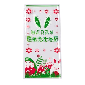 May include: Clear plastic bag with a green and red Easter design. The bag features bunny ears, flowers, and the text "Happy Easter".