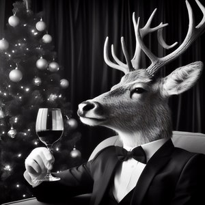 Rena smoking vinho tinto árvore de natal preto e branco fotografia lona impressão metal sala estar quarto gerado por ia arte da parede humanimart