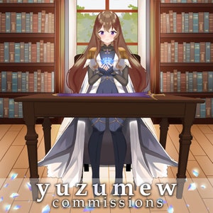 Peut inclure: Une femme aux longs cheveux bruns est assise à une table dans un décor de bibliothèque. Elle porte une robe blanche et bleue avec des accents dorés et tient un orbe bleu lumineux. Le texte "yuzumew commissions" est en bas de l'image.