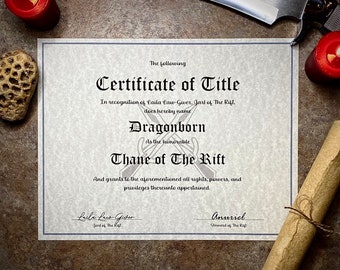 Thane of Skyrim Personalized Certificate