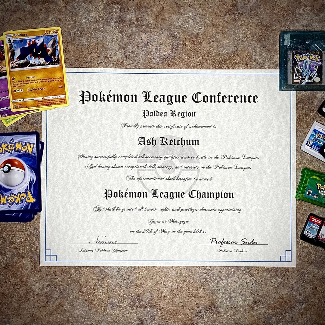 Pokémon League Champion Personalized Certificate, Region