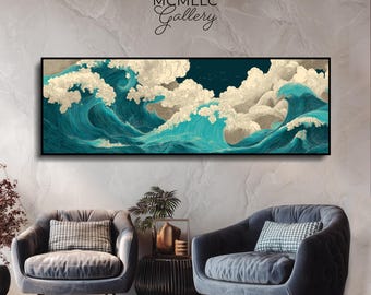 Ocean-Inspired Abstract Wall Art – 6x2 feet Framed SEG Fabric Print | Japanese & Modern Minimalist Décor