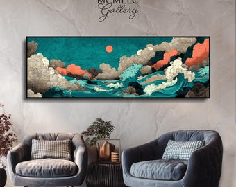 Japanese Ocean Wave Fabric Wall Art: Modern Asian Decor 6x2 ft - High End Wall Art